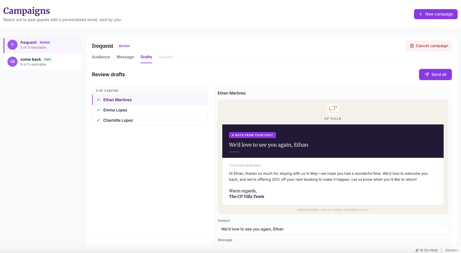 The Campaigns review screen: each recipient's draft listed on the left, the rendered email on the right, and a Send all button that only appears once drafts exist