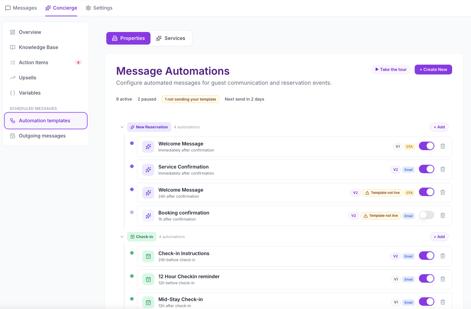Message automations grouped by reservation event, each showing its timing and whether it sends over the OTA thread or by email