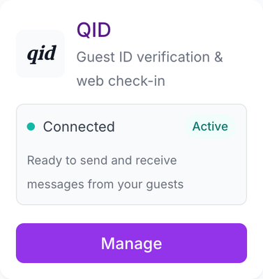 The QID integration connected in SympleHost, showing guest ID verification and web check-in as an active connection